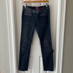 Levi’s skinny straight leg, dark gray jeans, raw hem and like new condition